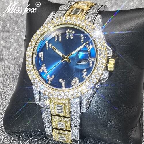 Hip Hop MISSFOX Fully Iced Out Watch Men Steel Luxury Automatic Date Boss Quartz AAA Diamond Wristwatches Arab Business Watch