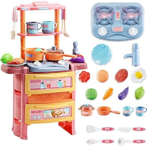 Kitchen Set Pretend Play with Sound & Light Toy Stove Pan Spoon Vegetable Fruit with Water System Children Cooking Playset Gift
