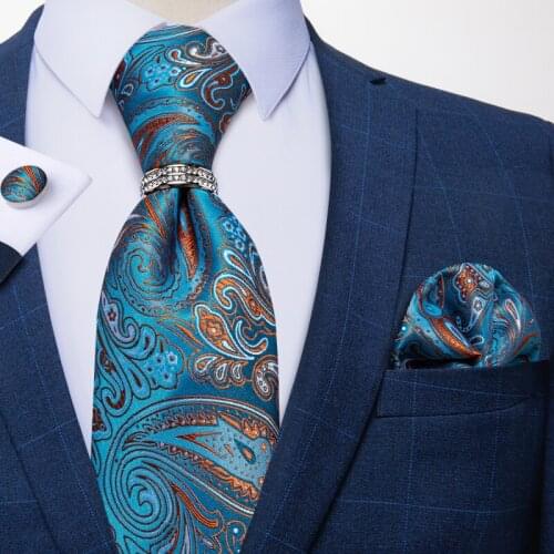 Mens Silk Tie Set Blue Red Paisley Necktie Handkerchief Cufflinks 8cm Business Formal Wedding Tie Men Gift Gravatas DiBanGu