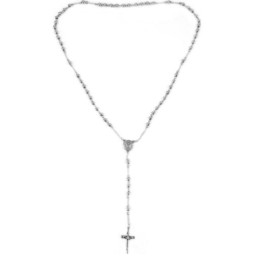 New Classic Silver Rosary Beads Chain Cross Crucifix Religious Catholic Hip-hop Rapper Stainless Steel Necklace Womens Mens