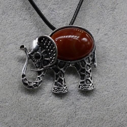 Natural Stone Necklace With Elephant-Shaped Semi-Precious Pendant Leather Cord 2MM Charms For Elegant Women Love Romantic Gift
