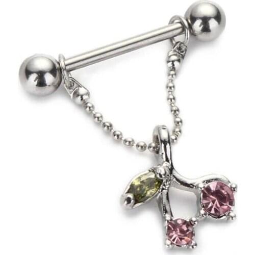 Punk Cherry Pink Rhinestone Sexy Nipple Rings Bar Stainless Steel Belly Chain Human Piercing Body Jewelry For Women