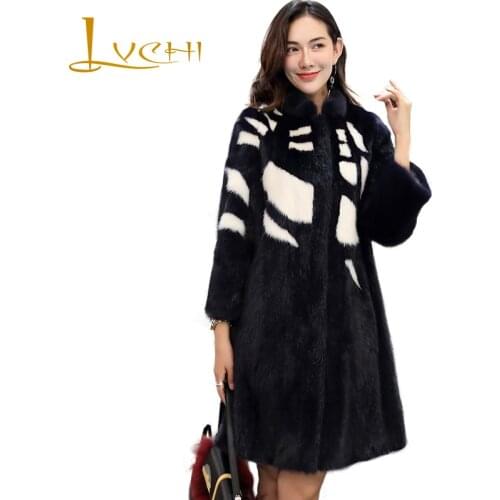 LVCHI 2019 High-end lady coats Top selling Real Mink furs Winter fur Mandarin collar Coat Fashion Black OL Slim Mink Outwear