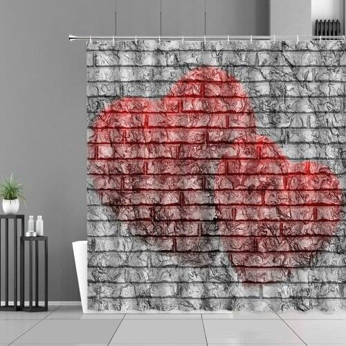Red Love Heart Stone Brick Wall Shower Curtains Color Shell Design Bathroom Curtain Retro Home Bathtub Decor Waterproof Cloth