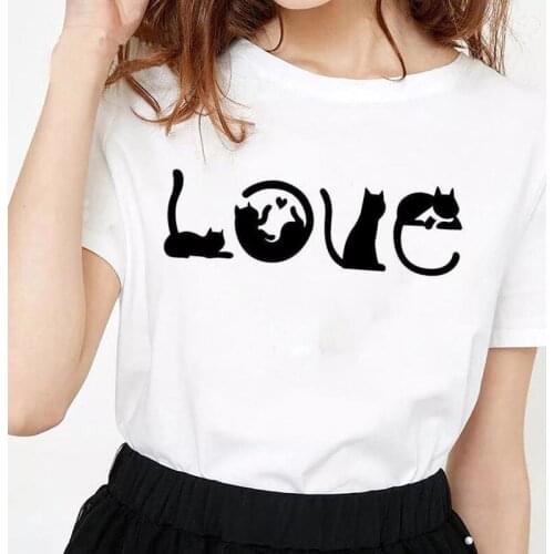 Love Cat Print T Shirt Women Short Sleeve O Neck Loose Tshirt Women Tee Shirt Tops Female Clothes Camisetas Mujer