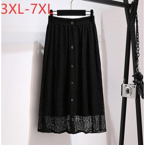 New 2021 Ladies Autumn Winter Plus Size Midi Skirt For Women Large Loose A-line Black Lace Pleated Skirts 3XL 4XL 5XL 6XL 7XL