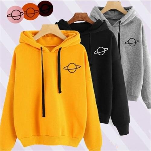 Women Planet Printed Hoodies Korean Fashion Plus Size Hooded Sweatshirt Autumn Winter Casual Loose Pocket Pullover Hoody Tops