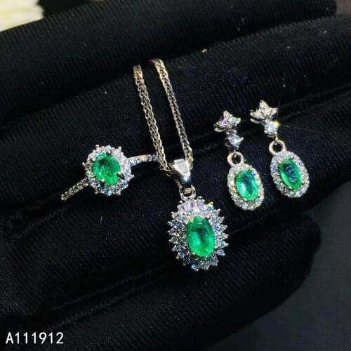 KJJEAXCMY fine jewelry natural Emerald 925 sterling silver women pendant necklace chain earrings ring set support test elegant