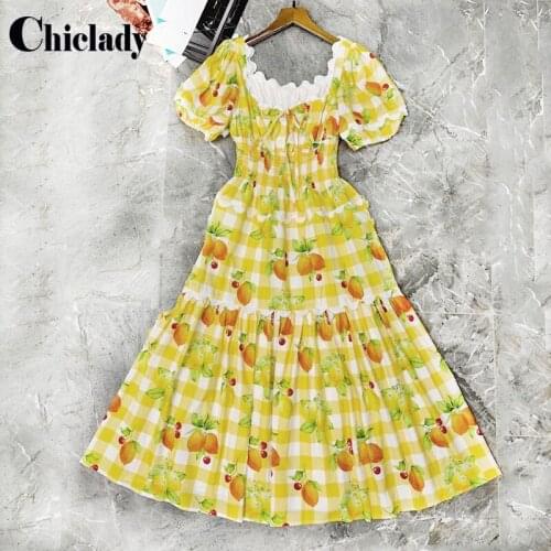 CHICLADY holiday designer ruched yellowe plaid floral printed slash neck midi dresses for women summer party short sleeve ropa