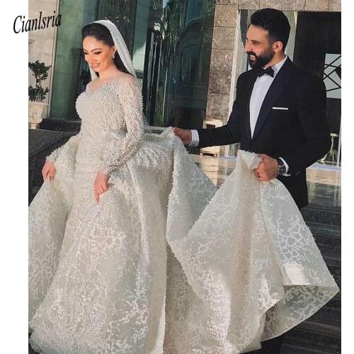 Charming Long Sleeve Pearls Appliques Lace Saudi Arabic Mermaid Wedding Dress With Detachable Train Beading Dubai Bridal Gown