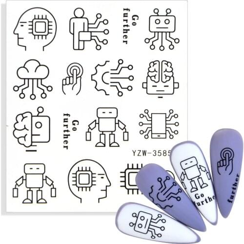 1pcs Cartoon Robot Nail Sticker Women Face Geometric Nail Art Water Transfer Decals Sliders Flower Leaves Manicures Decoration