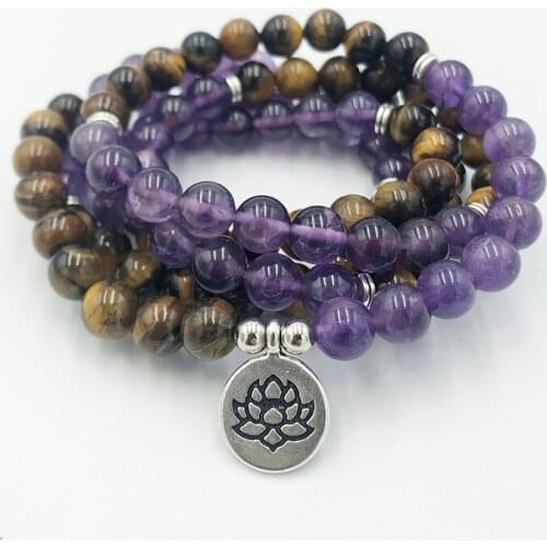 108 Mala Bead Bracelet Buddhist Jewelry Tiger Eye Amethysts Beaded Meditation Bracelet Lotus Flower OM Bracelet Women Men Gift