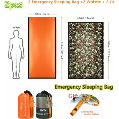 2PC Emergency Bivy Sack, Survival Sleeping Bag Emergency Blanket Lightweight and Compact Survival Gear with Whistle + Carabiner