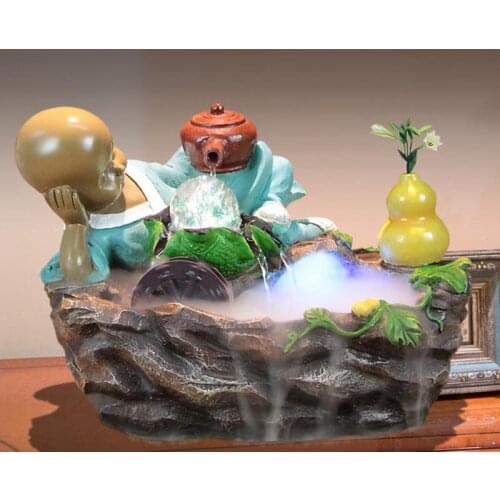 220V Zen Monk Teapot Figurines Indoor Water Fountain Lucky Feng Shui Wheel Home Decor Rockery Fountains Tabletop Waterfall Craft