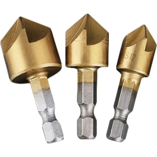 3pcs Titanium Five Flutes Chamfer Cutter 12/16/19 mm Hexagonal Shank Countersink Drill Bit