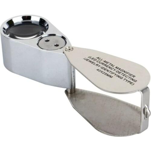40X25mm Mini Foldable Pocket Magnifier Glass Jewelry Loupe Metal Illuminated Magnifying Glass Tool with LED Light Lamp