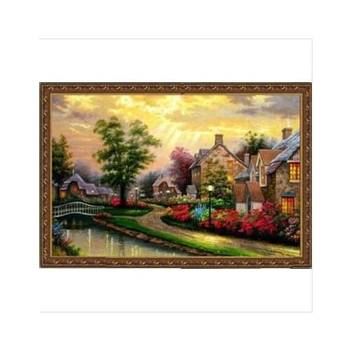 Printed Fabric Factory Shop Cross Stitch Kit Cabin Tree Flower Lake Evening Free Shipping
