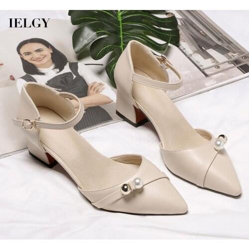 IELGY Womens sandals solid color pointed toe non-sli comfortable buckle mid heel large size thick heel leather