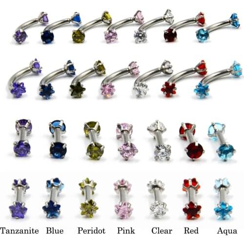 1pc Prong Setting Star & Round Cubic Zircon Curved Barbell Eyebrow Ring Piercing Lip Retainers Ear Cartilage Helix Stud