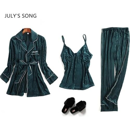 JULYS SONG Velvet Women Pajama Set With Belt 3 Pieces Solid Color New Female Sleepwear Soft Elegant Autumn Winter Homewear