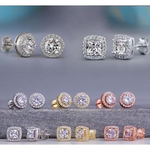 USTAR Classic Stud Earrings For women Shiny Square Round Cubic Zircon Earring Party Fashion Jewelry Gift