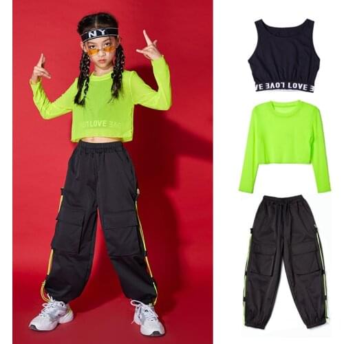 2021 Hip Hop Dance Costume Jazz Practice Clothes Girls Long Sleeves Green Tops Black Cargo Pants Ballroom Dance Outfits BL6781