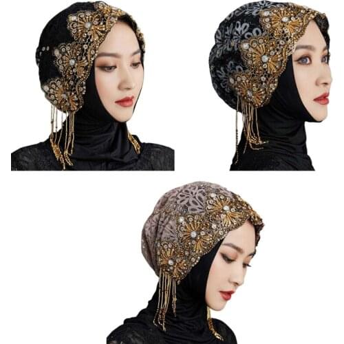 Lace Beanies Islamic Cover Breathable Bonnet Cap Lightweight Stretchy Head Wrap for Women Elastic Beaded Headwear Beaded