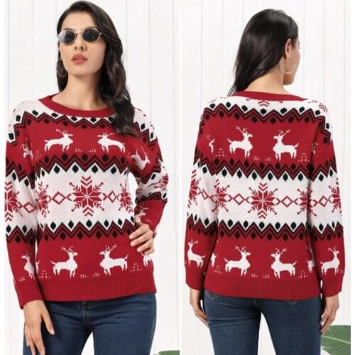 Hot kf-Women Autumn Winter Christmas Sweater Print Long Sleeve O-Neck Christmas Knitting Soft Casual Pullover Tops Red