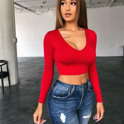 Fashion Casual Slim Womens Off Shoulder Shirt Deep V Neck Skinny Short Crop Tops Long Sleeve Solid Jumper Sexy Top Holiday Wear