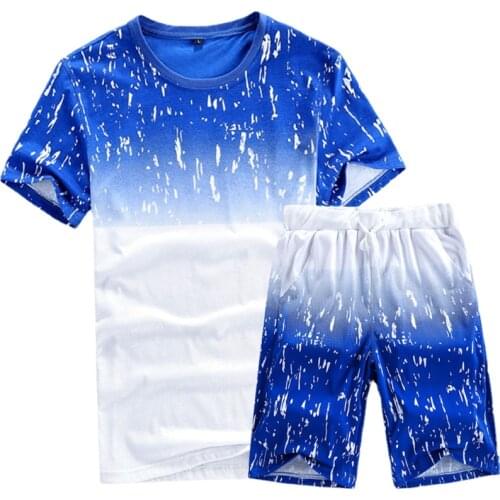 High Quality Men Sets Youth Printed Short Sleeve Suit Mens Round Neck Gradient T-shirt and Shorts Sets Plus Size 7XL 8XL