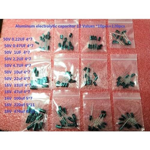 120pcs Aluminum electrolytic capacitor kits 1set of 12 values 0.22/0.47/1/2.2/4.7/10/22/33/47/100/220/470UF assortment set pack