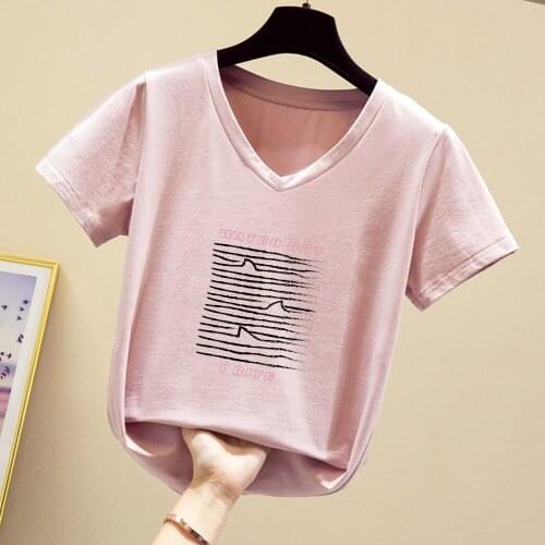 Summer Novelty Ms Solid Color Short Sleeve T-shirt Fashion V Neck 100% Cotton T-shirt Ladies Hot Sale Women Stretch T-shirts