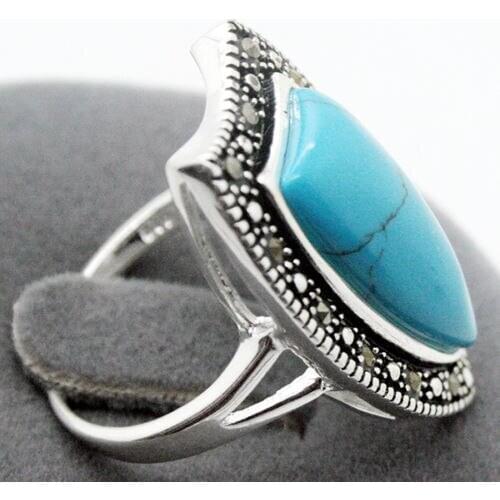 Wholesale Real 26X14MM Blue Natural Stone Marcasite silver color RING Size US 7 8 9 10
