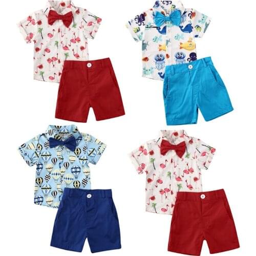 1-5Y Kids Baby Boys Clothes Set 2021 Summer Children Print Short Sleeve Lapel Shirts +Tie +Shorts Suits Casual Boys Outfits 3Pcs