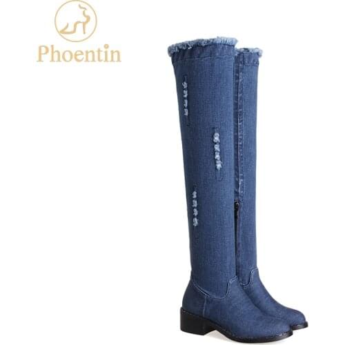 Phoentin denim fabric zipper overknee boots broken hole design lacework women shoes autumn 2019 med square heel footwear FT184