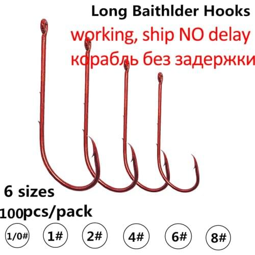 50Pcs Fishing Hooks Freshwater Long Shank Baitholder Bait Offset Barbed Worm Carp Fishing Hook Red Sharpened High Carbon Steel