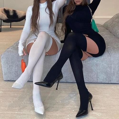 Sexy Women Long Sleeve Suspender Buckle Club Mini Bodycon Dress with Stockings