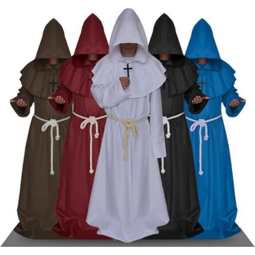 Medieval Costume Men Women Vintage Renaissance Monk Cosplay Cowl Friar Priest Hooded Robe Rope Cloak Cape Clothing