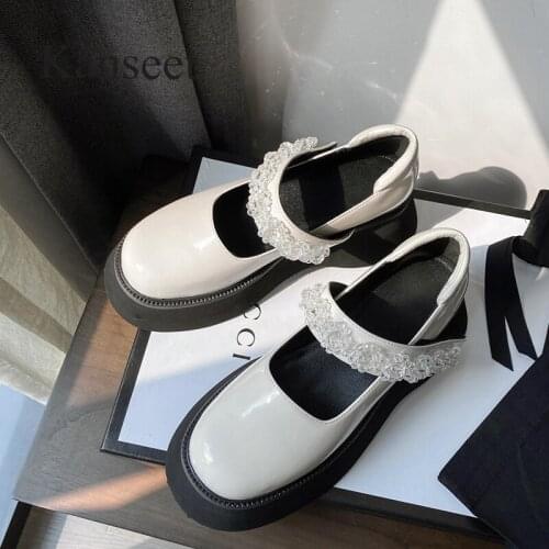 Kanseet Flats Shoes 2021 High Quality Genuine Leather Woman Pumps Platform Thick Heels String Bead Round Toe Beige Lady Footwear