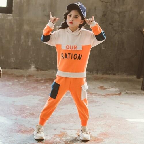 Girl spring and autumn sweater suit Girl fashion stitching hooded sweater pants suit Girl comfort western style two-piece