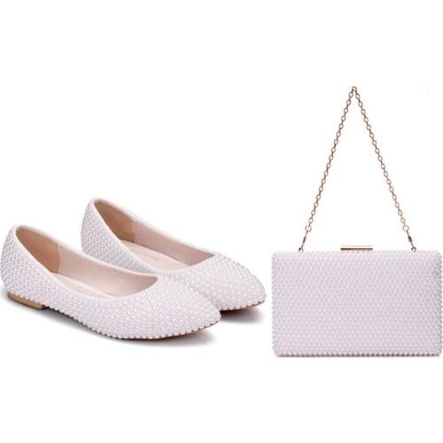 Crystal Queen Women Shoes Lady Pearl White Wedding Shoes Flat Comfortable Bridal With Matching Bags With Purse Dress Shoes