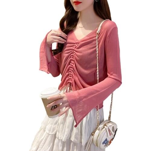 Ice Silk Knitted Tshirt Women 2021 Summer New Ruched Drawstring Long Sleeve Basic T-shirt Ladies Sheer Sun Protection Clothing