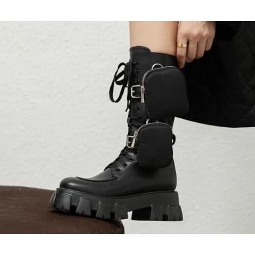 Dipsloot New Woman Black Cow Leather Pocket Mid-calf Boots 6 cm Chunky Heels Thick Sole Lace Up Short Martin Boots Shoes