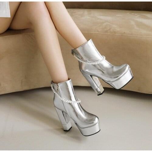 Ochanmeb Size 33-43 Women Natural Genuine Leather Silver Boots Women Chunky High Heels Platform Pole Dance Boot Woman Party Shoe