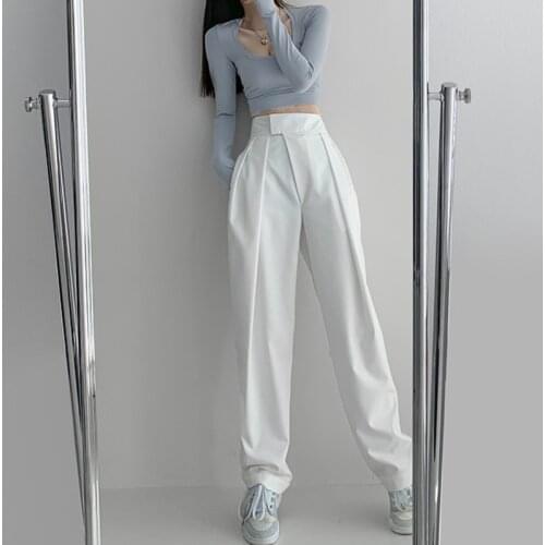 TVVOVVIN High Street Solid Color Pleated hook and loop fastener Suit Pants Autumn Korean Loose Casual Trousers Women Thin VEPH