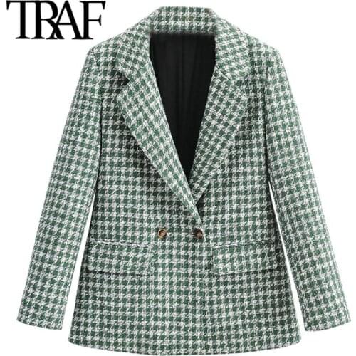 ZHENBAILI Green Plaid Blazers Autumn Spring Chic Two Buttons Flap Pockets Women Casual Suit Jacket Office Lady Checked Coats