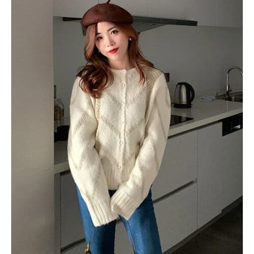 Women Sweater 2020 Autumn / Winter Striped Mohair O Neck Single-breasted Long Sleeve Girls Knit Cardigan