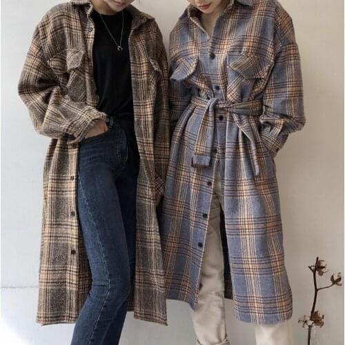 Pinkou Women Vintage Plaid Trench Coat Checkered Long Sleeve Bow Tie Sashes Jacket Retro Outwear Long Coat Tops CA24