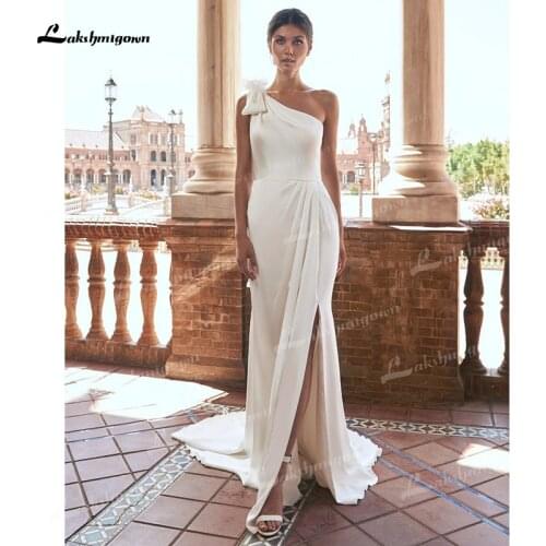 Sexy Soft Satin Mermaid Wedding Dresses Bow One-Shoulder Backless Sleeveless Split Front/Side Court Train vestidos de novia