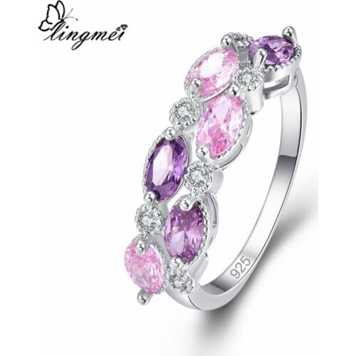 Lingmei Wedding MarquisePurple PinkGold Champagne CZ Silver Color Ring Size 6-9 Fashion Simple Women Jewelry Wholesale